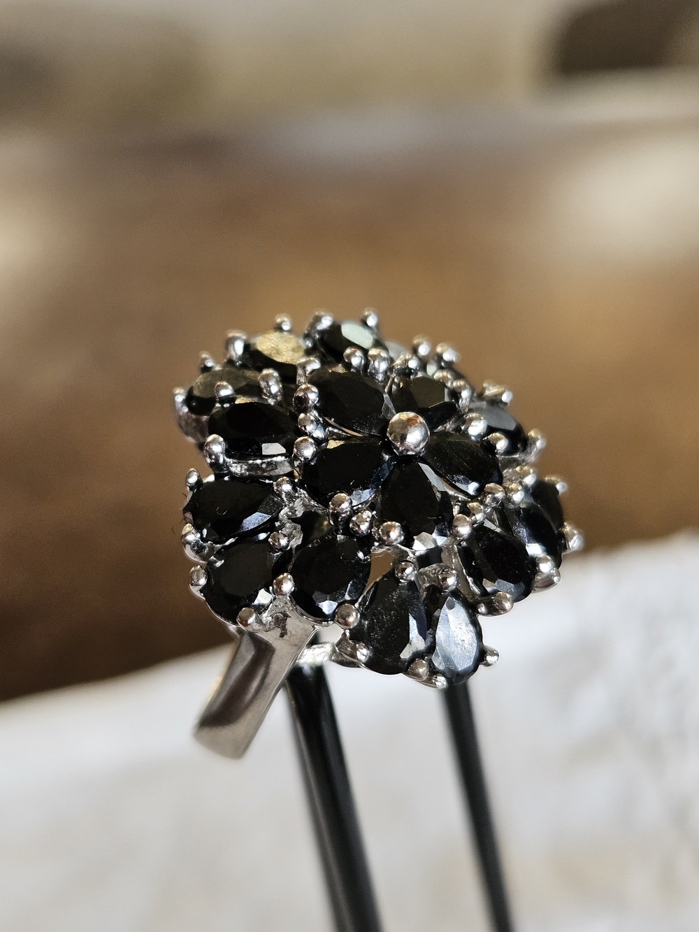 Silver Black Crystal Floral Cluster Ring